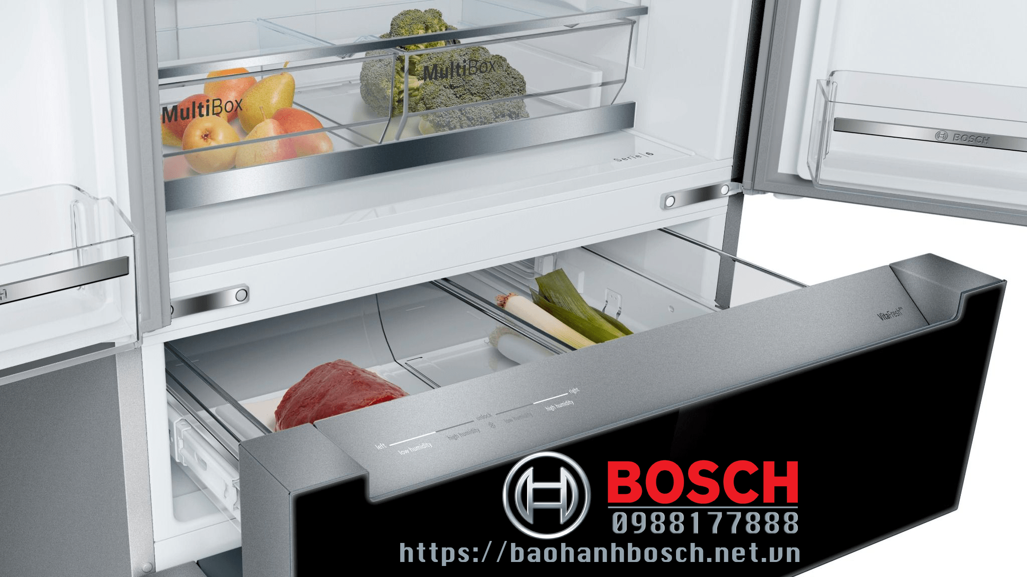 Hình ảnh tủ lạnh Bosch với hệ thống bảo hành Bosch, dịch vụ sửa chữa và bảo dưỡng uy tín, đảm bảo an toàn cho thiết bị và người dùng.