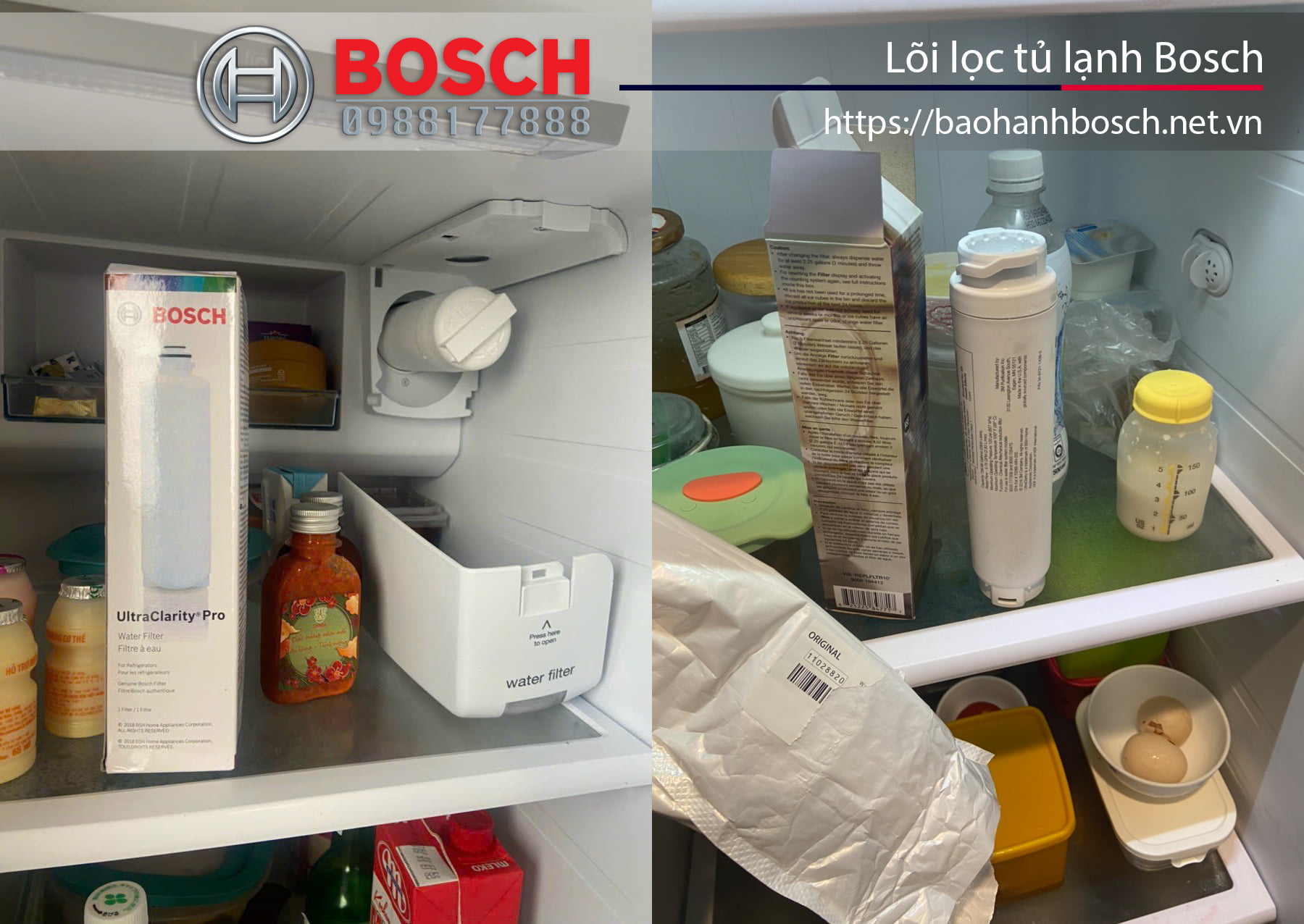 Lõi lọc nước Bosch trong tủ lạnh, hình ảnh các bộ lọc và phụ kiện bảo trì làm sạch nguồn nước.