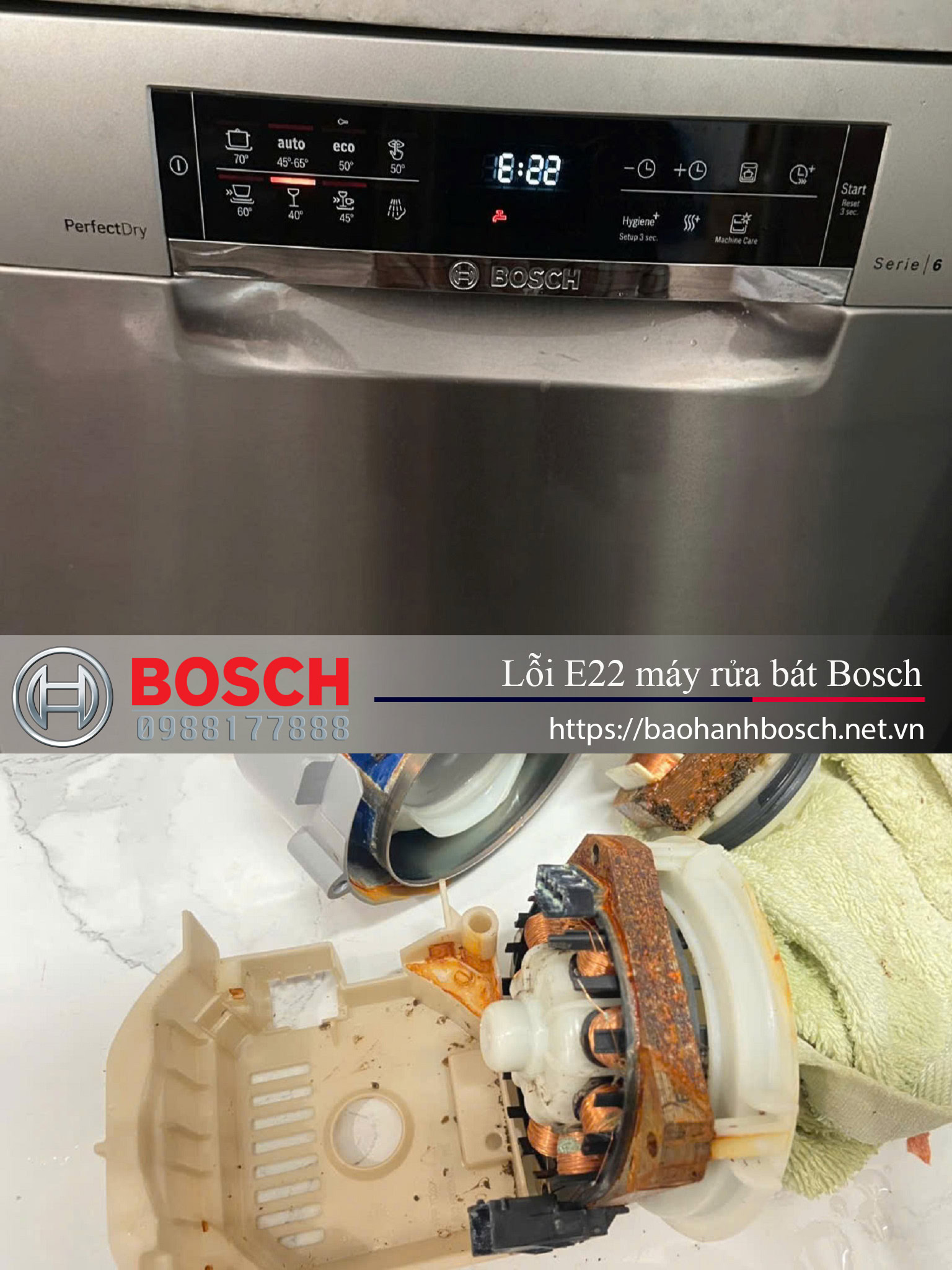 Lỗi E22 máy rửa bát Bosch, sửa chữa và bảo hành chuyên nghiệp tại trung tâm bảo hành Bosch chính hãng. Dịch vụ nhanh chóng, uy tín, hỗ trợ kỹ thuật tận nơi cho khách hàng.