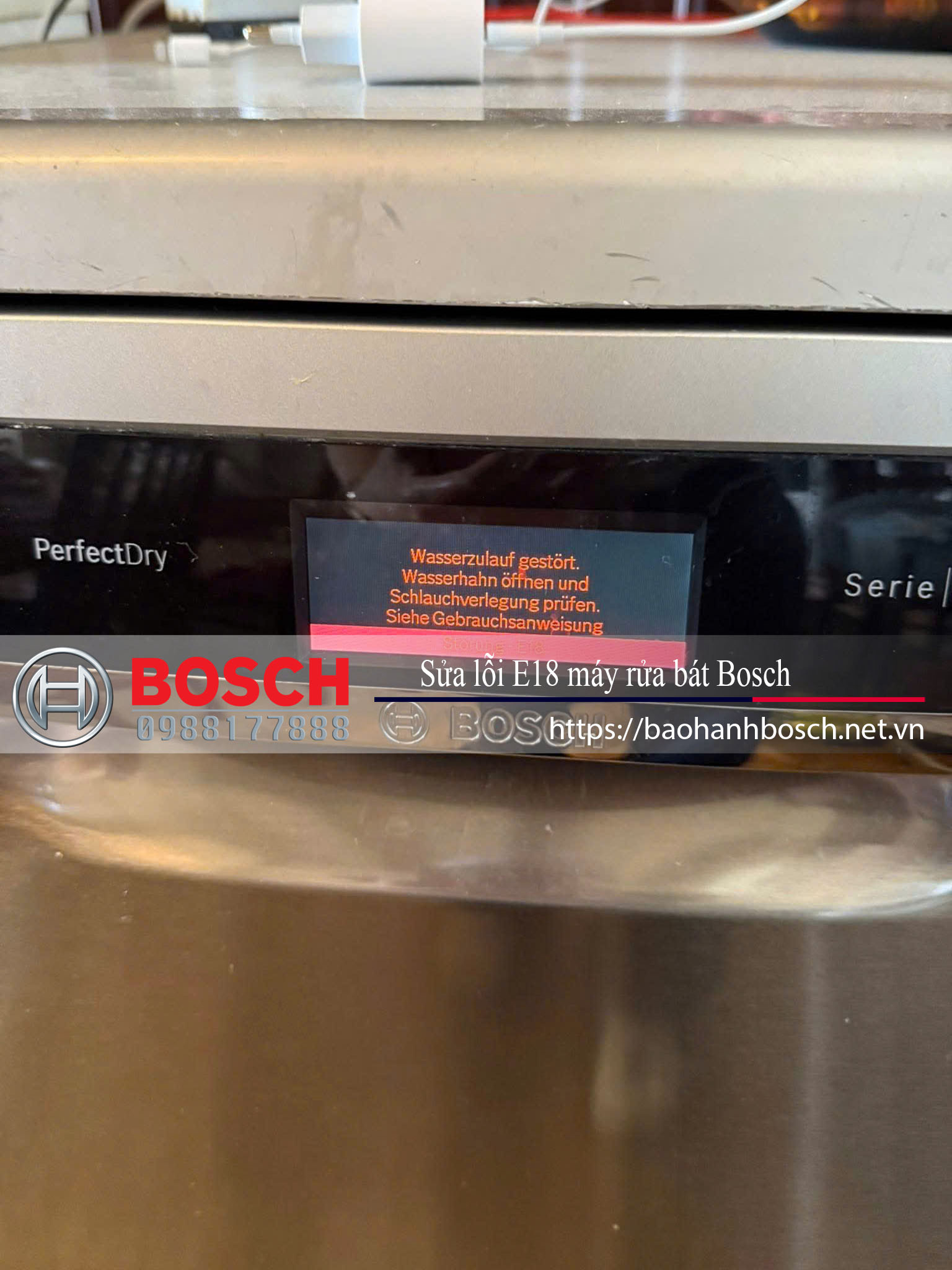 Lỗi E18 trên máy rửa chén Bosch, cần kiểm tra van và hệ thống cấp nước, dịch vụ bảo trì máy rửa chén Bosch chất lượng cao, sửa lỗi nhanh chóng, bảo hành chính hãng Bosch tại Việt Nam.