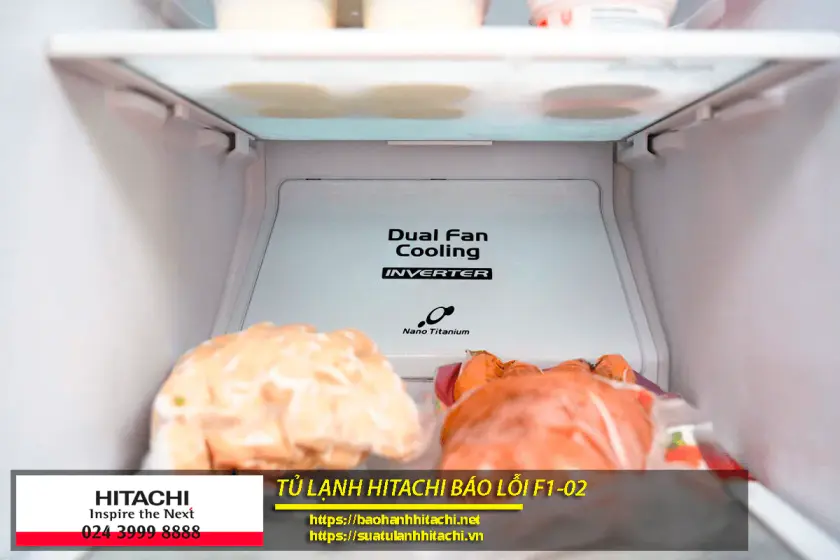Lốc tủ lạnh Hitachi bên trong với công nghệ làm lạnh Dual Fan Cooling và inverter, phù hợp bảo hành và sửa chữa nhanh chóng.