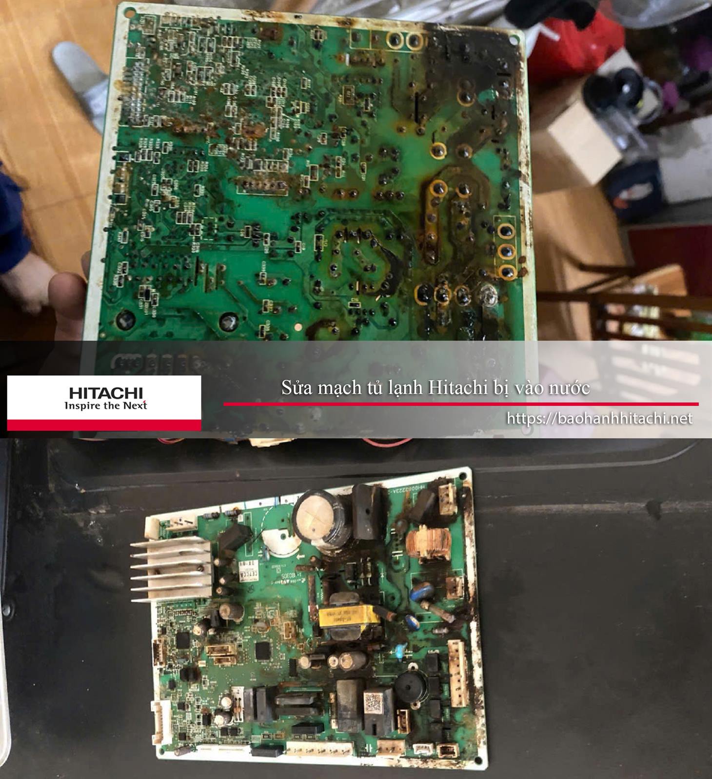 Ổ motherboard điều hòa Hitachi bị nước vào, cần sửa chữa và bảo trì bởi dịch vụ chuyên nghiệp. Liên hệ bảo hành Hitachi qua số 0988 177 888 / 024 3999 8888 để được hỗ trợ nhanh chóng.