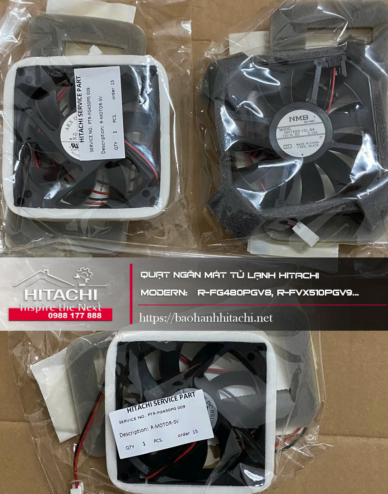 Bộ quạt làm lạnh Hitachi mới, dành cho các dòng R-FG480PGV8, R-FVX510PGV9, hiệu suất cao, dễ lắp đặt, phù hợp hệ thống điều hòa và tủ lạnh Hitachi chính hãng.