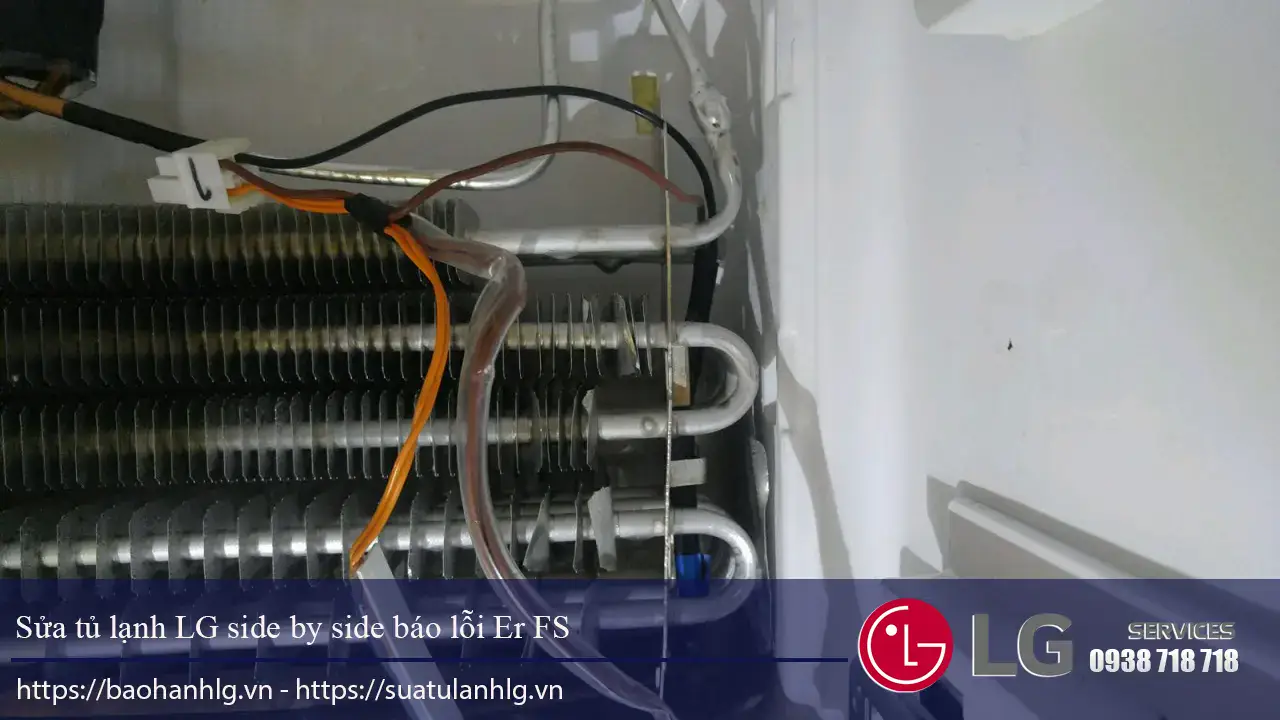 Fixed LG refrigerator side by side showing error Er FS, focus on LG warranty and repair services.