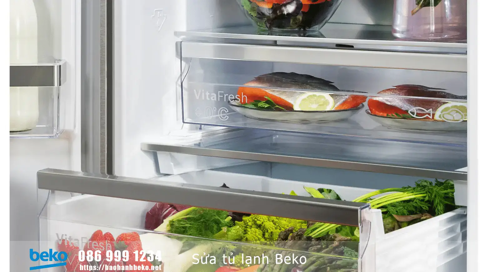 Cold storage refrigerator for vegetables and fruits with fresh produce inside.