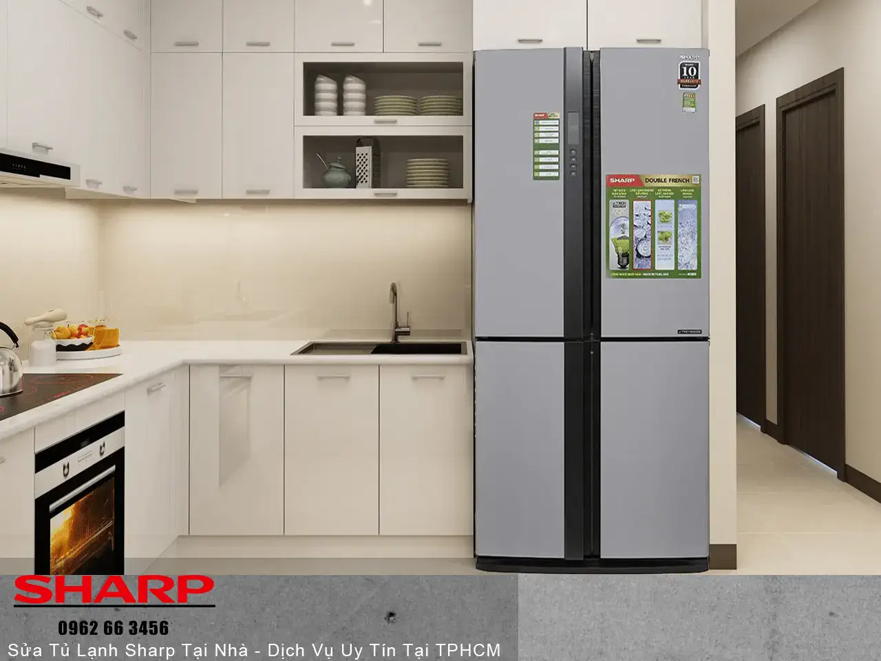 Modern LG side-by-side refrigerator in a contemporary kitchen, showcasing reliable appliance repair and warranty services from Bảo Hành LG.
