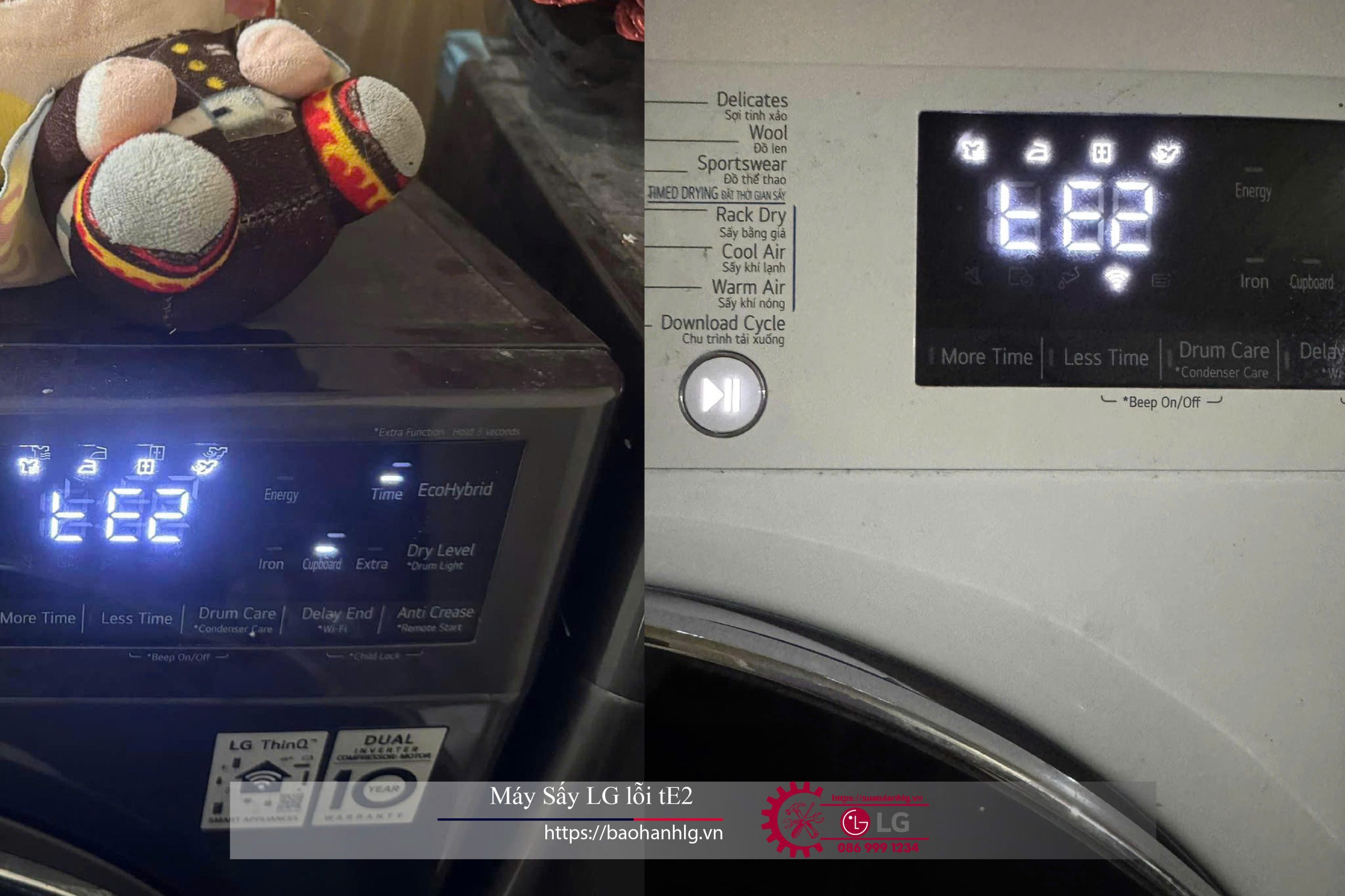 Washing machine LCD display showing error code tE2, digital interface with control buttons for various washing modes and functions.