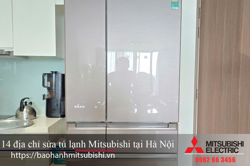 Cold Mitsubishi refrigerator in Hanoi showroom, modern and energy-efficient for optimal food preservation.