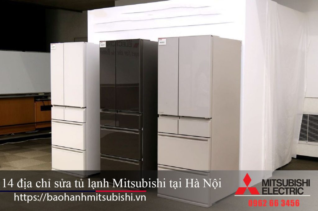 High-quality Mitsubishi refrigerator unit display showcasing cooling appliances at Mitsubishi Electric showroom in Hanoi.
