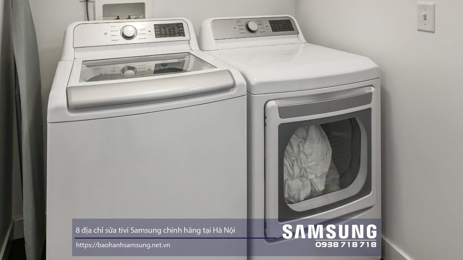 Cleaning washer and dryer set with Samsung warranty service in Hanoi, Vietnam.