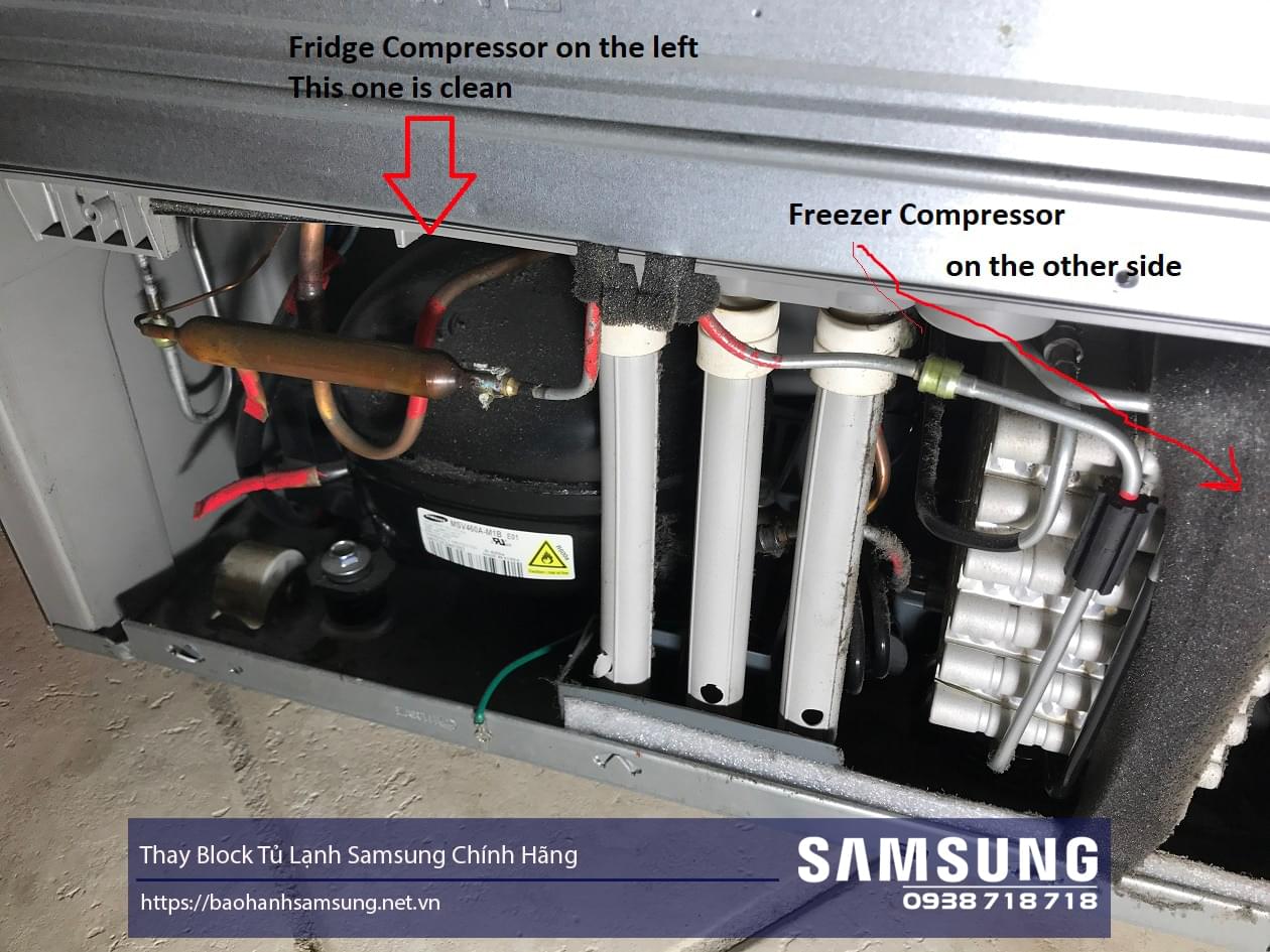 Fridge compressor and freezer compressor components inside Samsung refrigerator, showcasing clean and branded parts, relevant for Samsung appliance repair and warranty services.