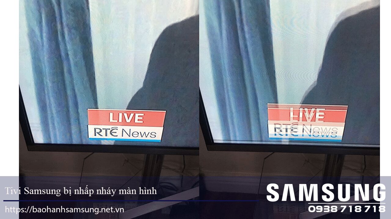 Screen flickering issue on Samsung TV during live RTÉ News broadcast. Repair and warranty services available for Samsung electronics in Vietnam. Contact Bảo Hành Samsung Việt Nam for support.