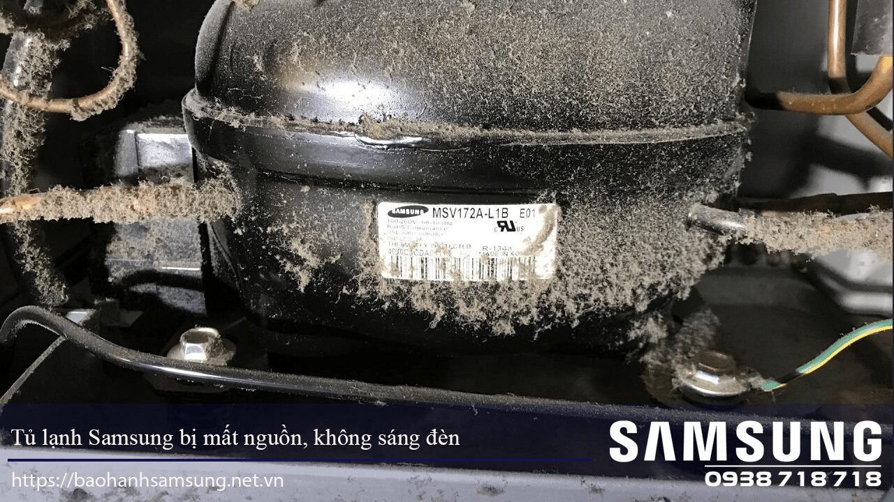 Dirty Samsung refrigerator compressor with dust accumulation and no power.