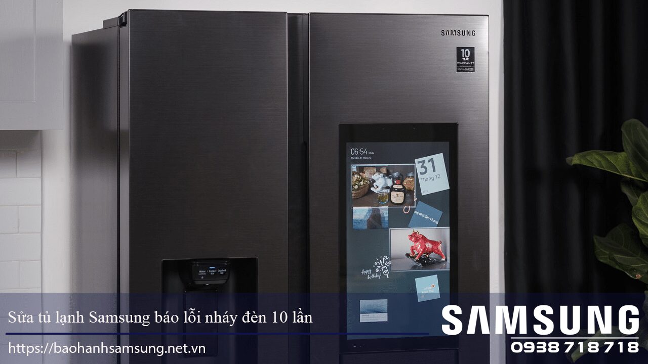 Refrigerator with Samsung digital display and warranty sticker, showcasing Samsung appliances and after-sales service.
