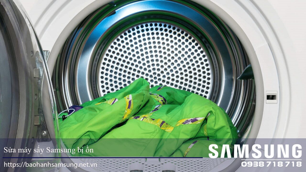 Clothes inside a Samsung dryer drum, indicating appliance repair and maintenance services for Samsung washing machines in Vietnam.