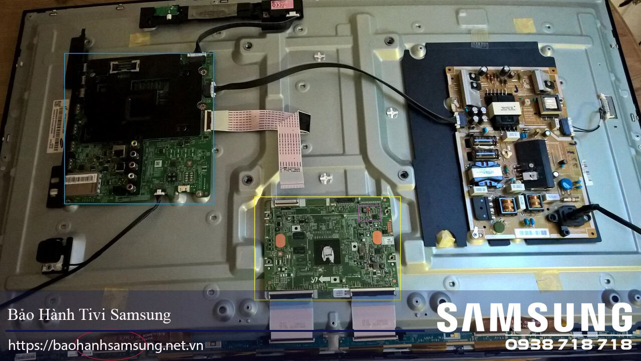 Blue circuit boards inside a Samsung TV for repair and warranty services in Vietnam.