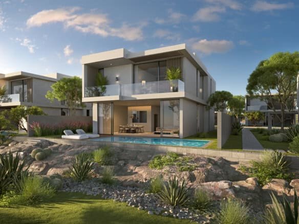 Elegant golf villa in Oman featuring a private pool, spacious outdoor living area, and contemporary.