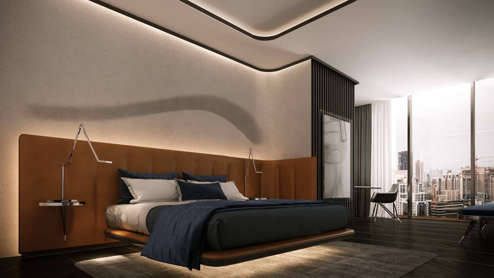 Modern bedroom in Dubai's Da Vinci Tower with city views.