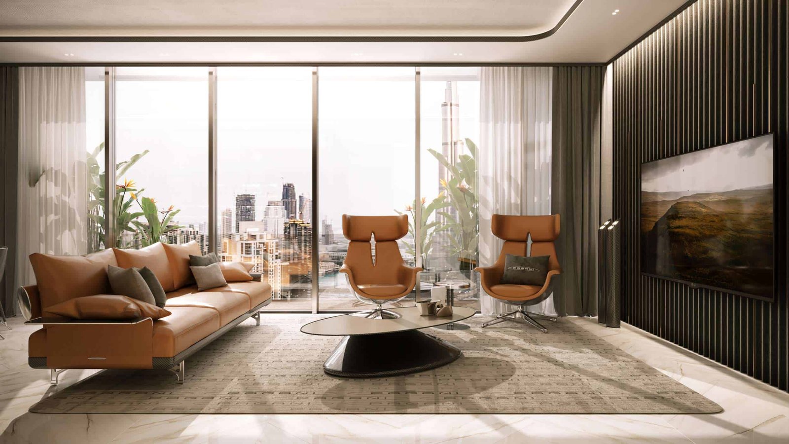 Modern living room with city views in Dubai's Pagani Residences.