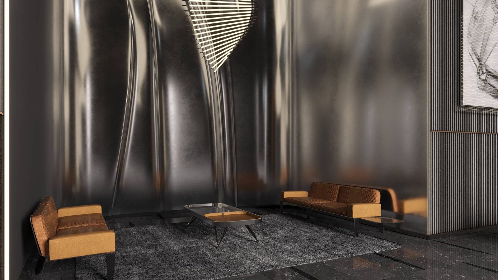 Modern luxury lobby at Pagani Branded Residences in Dubai with stylish seating.