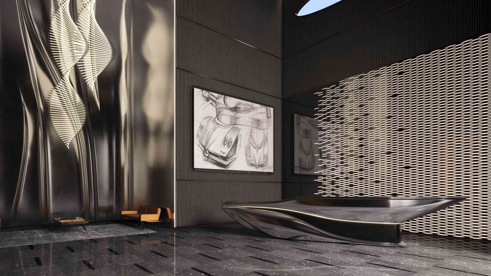 Modern interior of Pagani branded residences in Dubai with sleek design elements.
