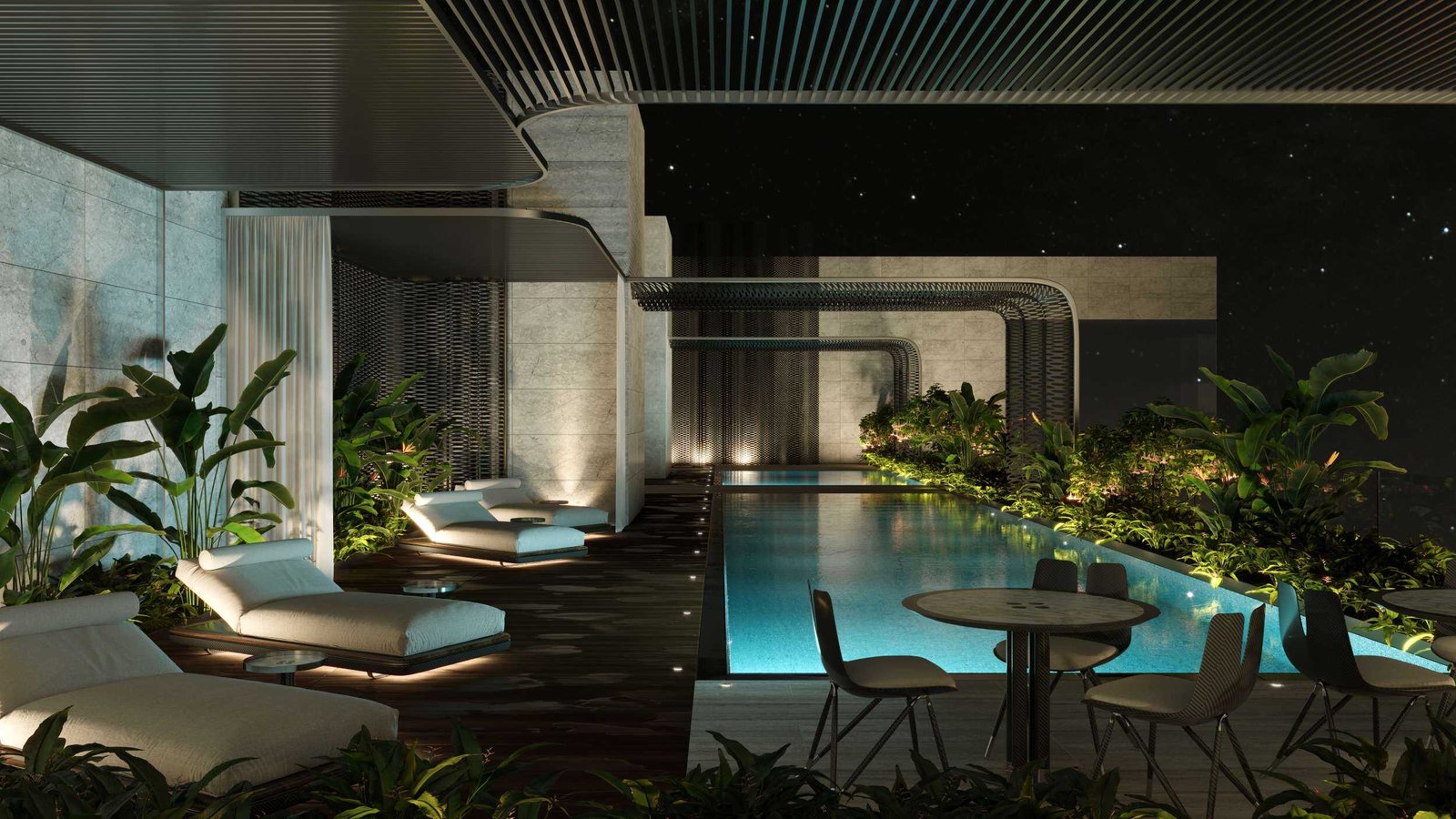 Modern poolside lounge with sunbeds and greenery at Da Vinci Tower Dubai.