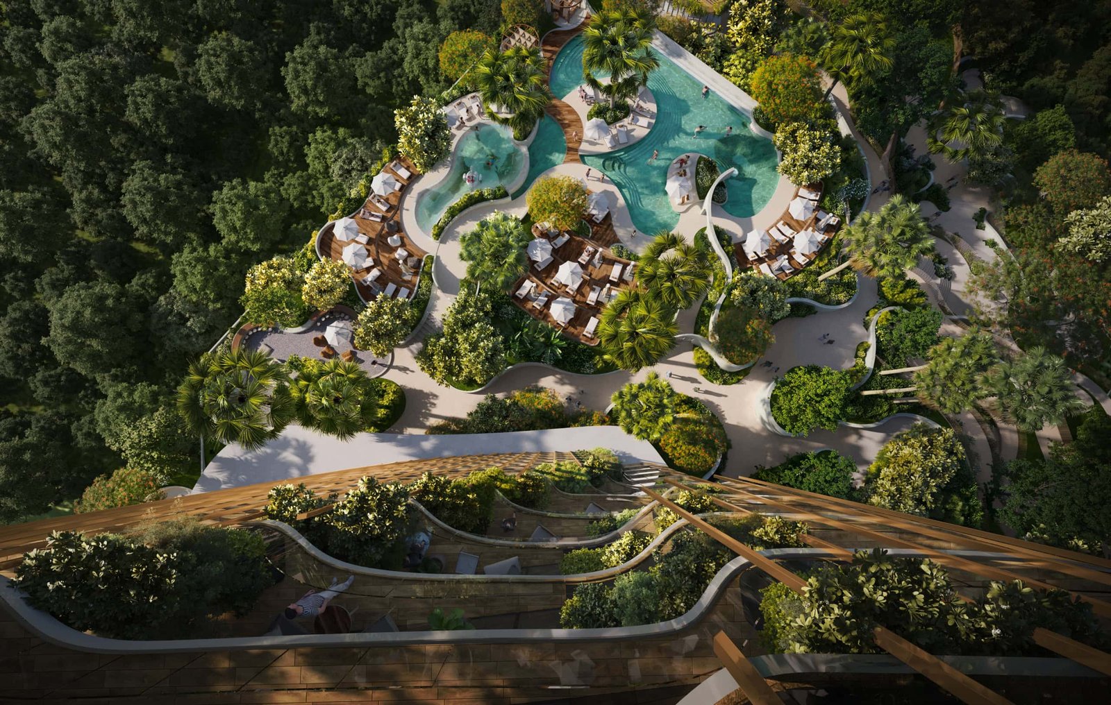 Luxury waterfront residences at Kanyon by Beyond Dubai with lush gardens and swimming pools.