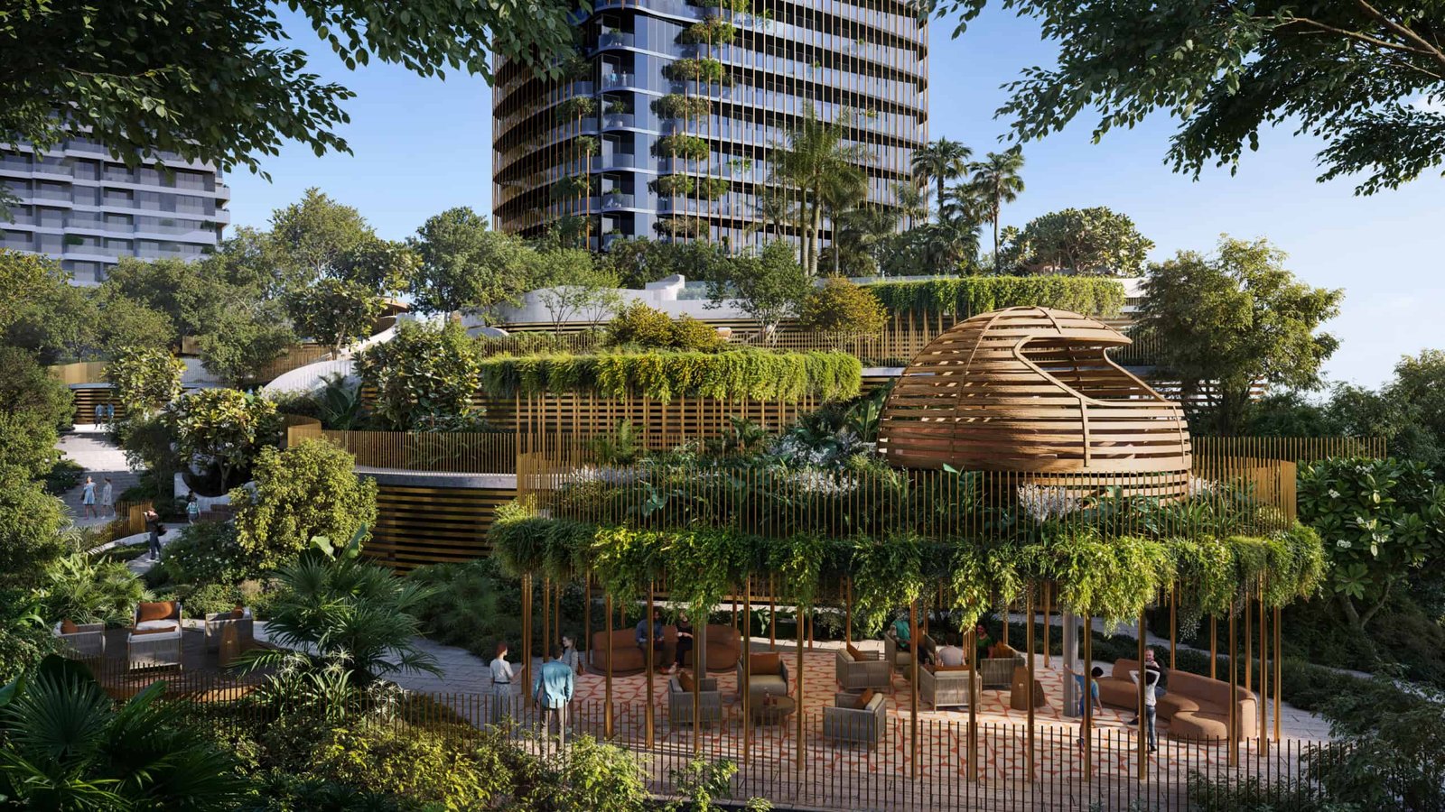 Modern waterfront residences at Kanyon by Beyond Dubai with lush landscaping and contemporary design.