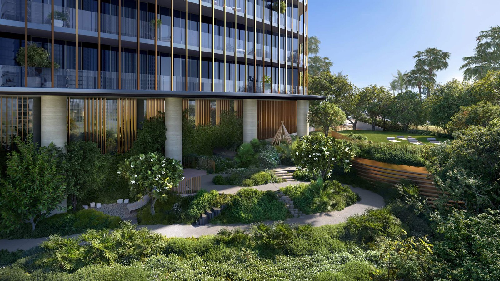 Contemporary waterfront residences at Kanyon by Beyond Dubai with lush landscaping.