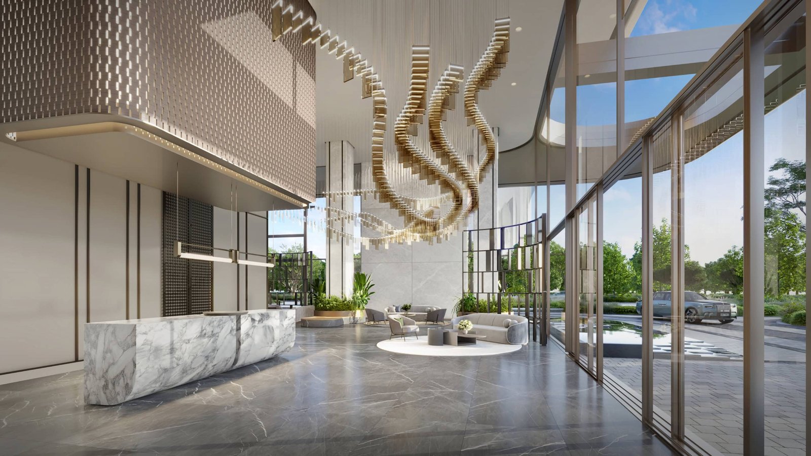 Elegant lobby with contemporary design and natural lighting at 31 Above Dubai waterfront office towe.