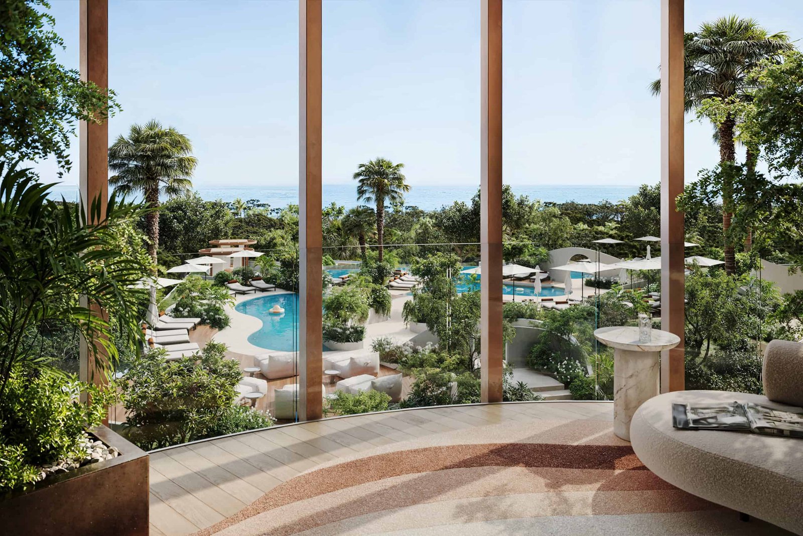 Elegant view of pool and lush landscape from Kanyon by Beyond Dubai waterfront residences.