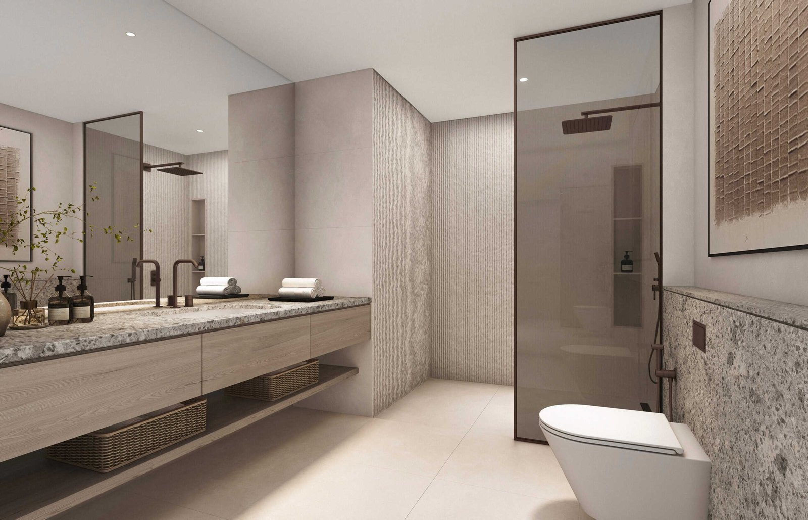 Stylish modern bathroom with sleek fixtures and minimalist decor.
