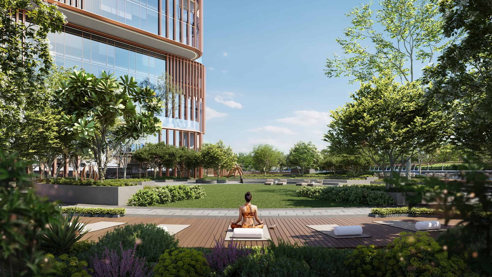 Contemporary waterfront office tower with lush landscaping in Dubai's Business Bay area.