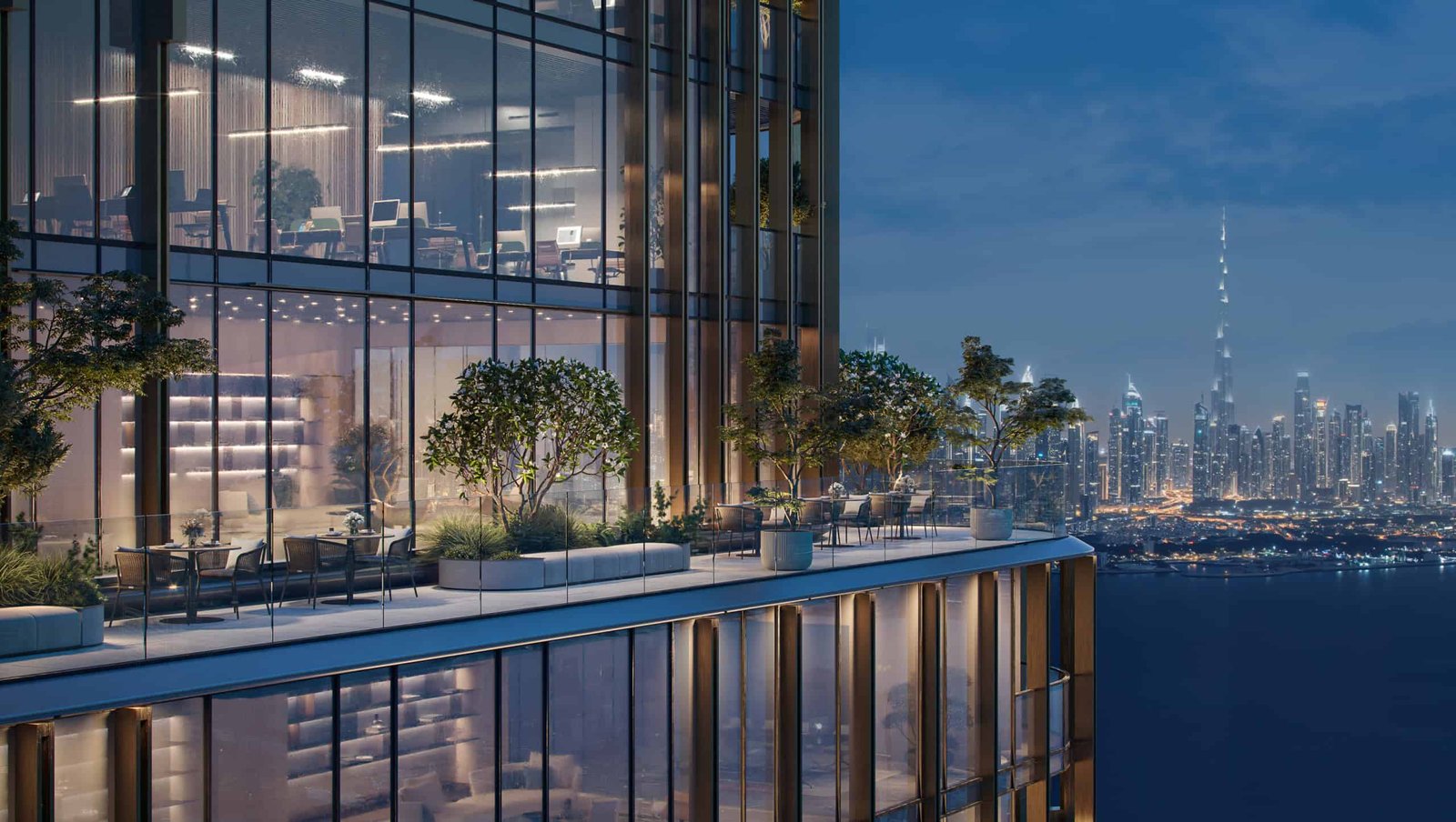 Luxury Dubai waterfront office tower with panoramic city views.
