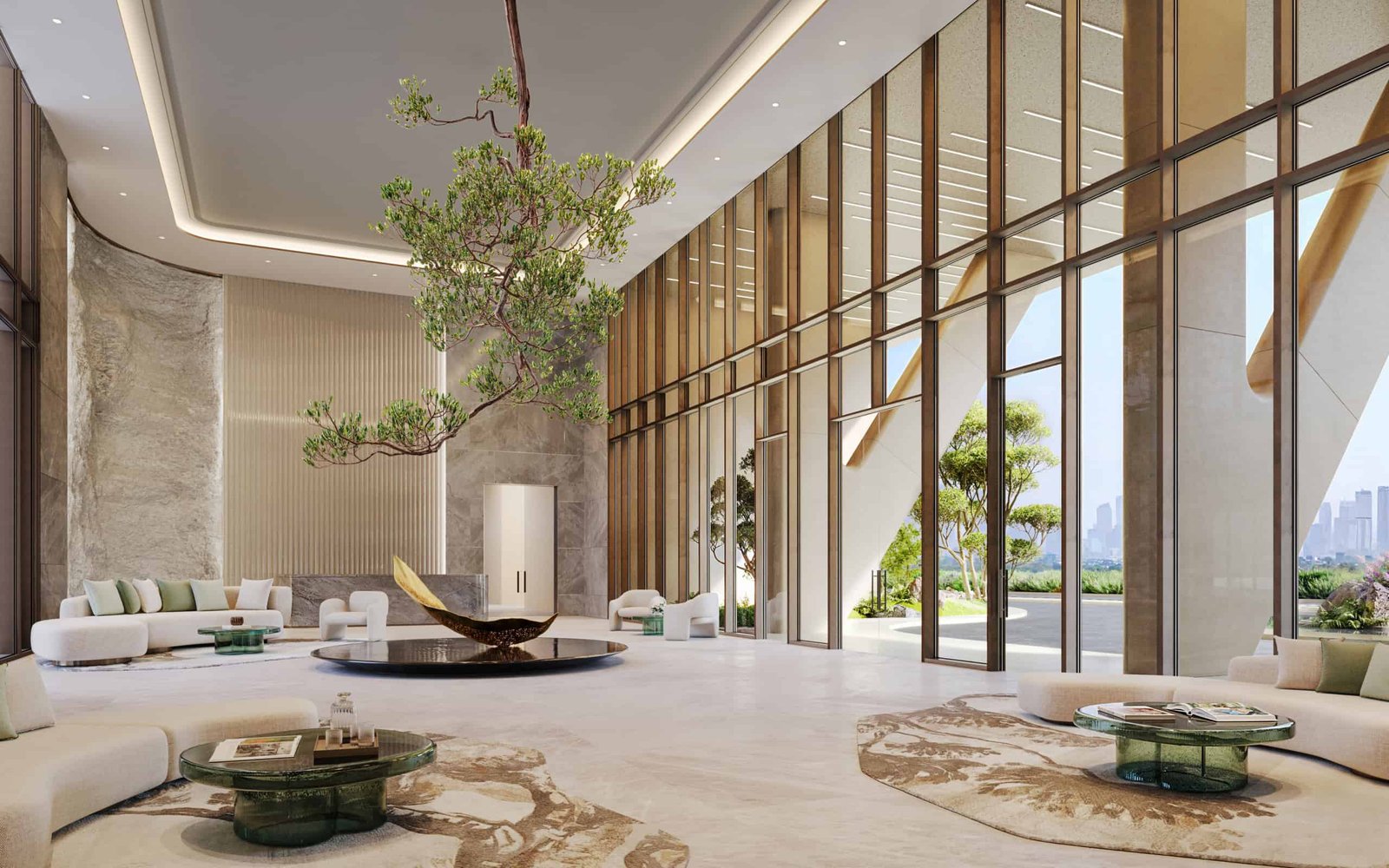 Elegant lobby of Hado by Beyond Dubai luxury residences with modern design and natural light.