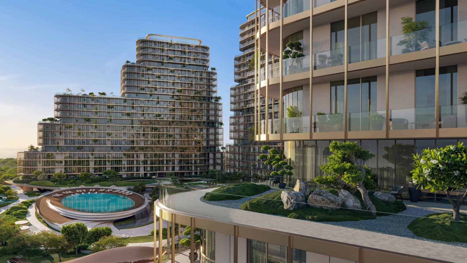 Elegant modern high-rise apartments with lush landscaping and panoramic views.