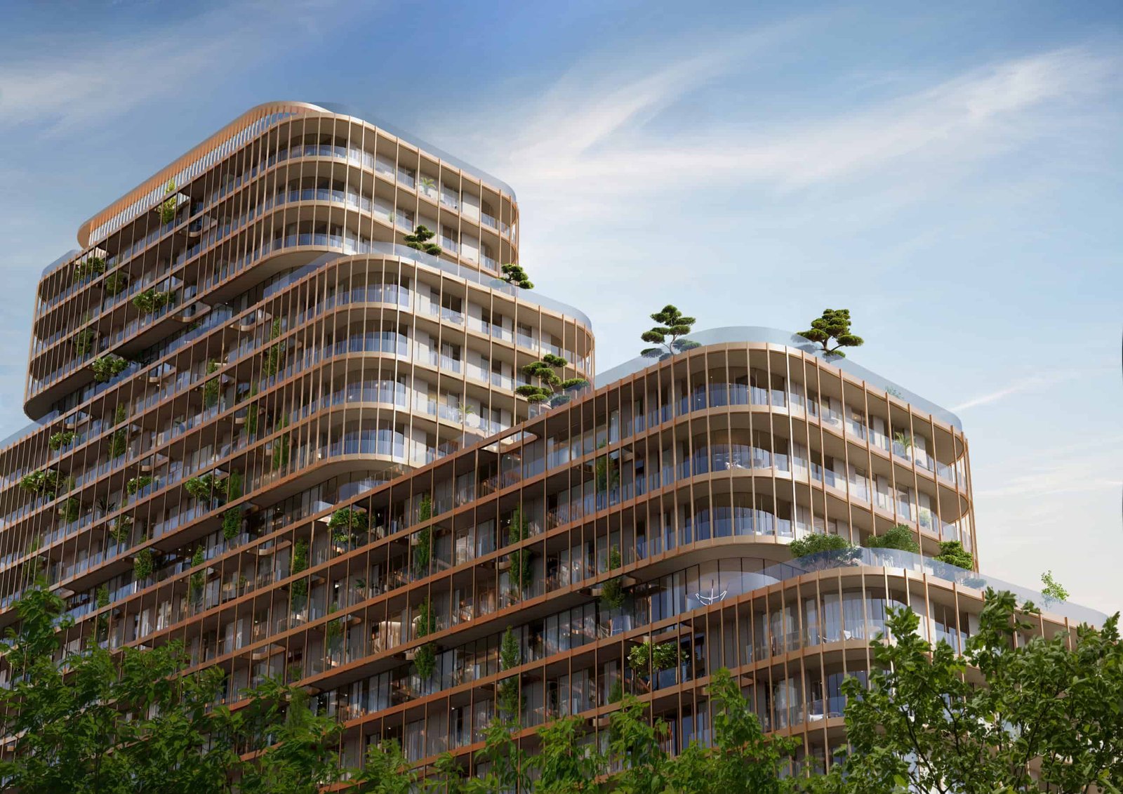 Hado by Beyond Dubai – Boutique luxury residences with curved glass facades and lush greenery.