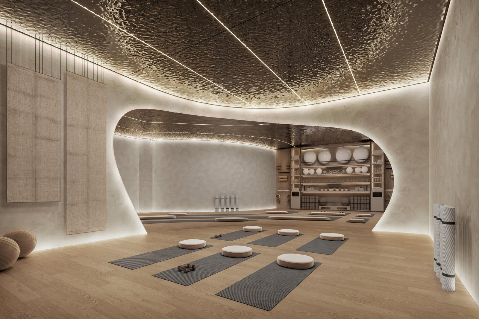 Luxury yoga studio with sleek design and ambient lighting at Hado by Beyond Dubai.