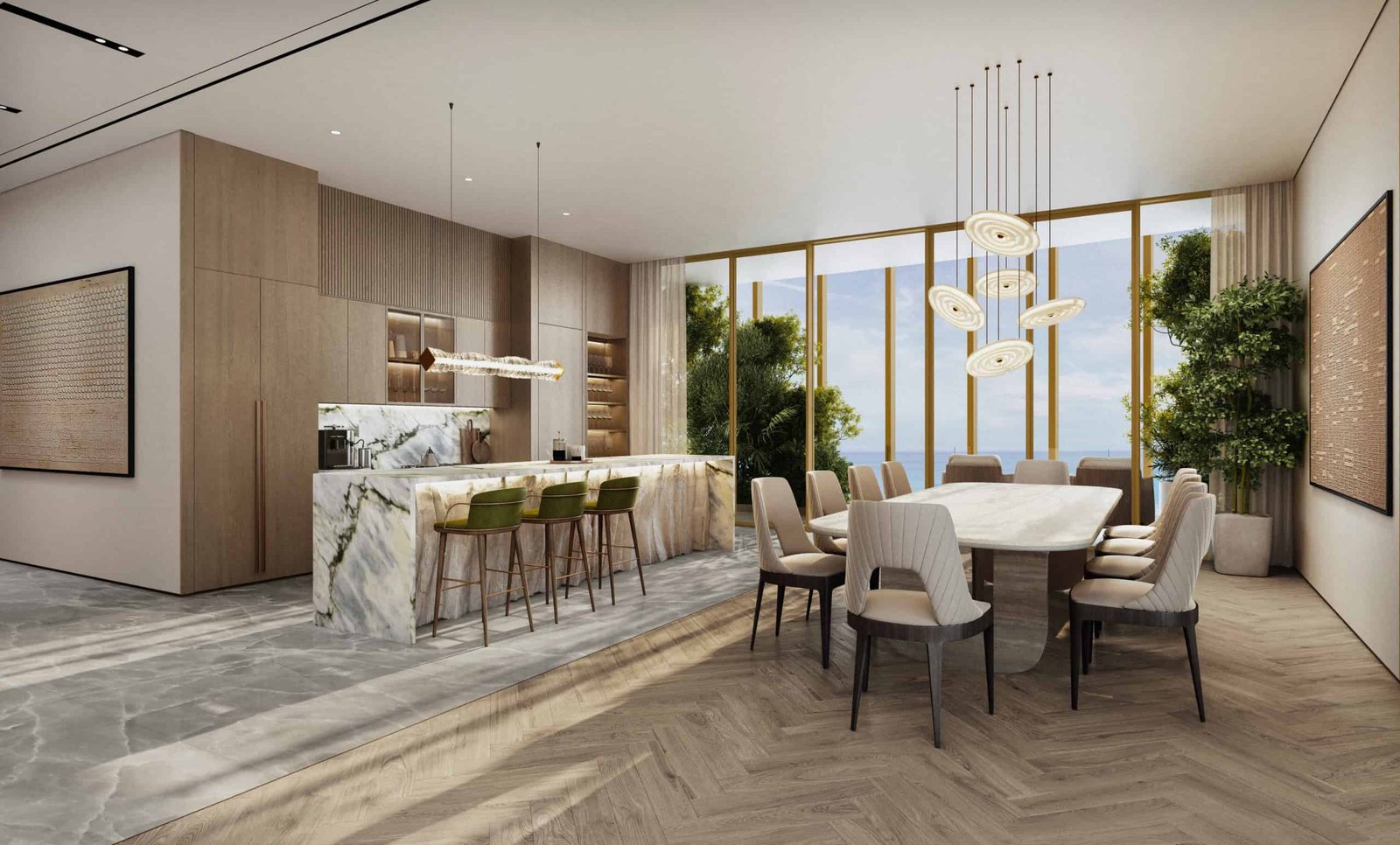 Modern waterfront living space with stylish dining and lounge area, large windows, and scenic views.