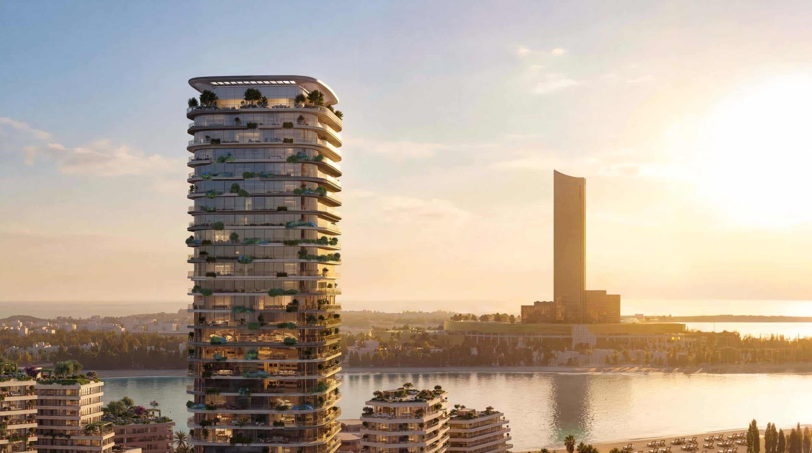 Modern waterfront residences in Dubai with stunning skyline views.