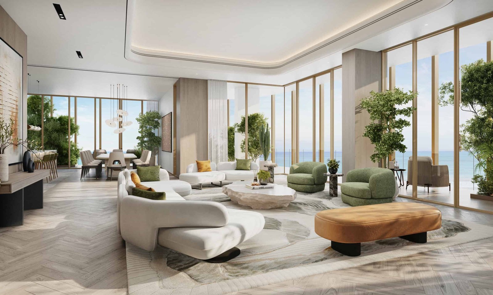Modern luxury living room with panoramic water views and elegant decor.