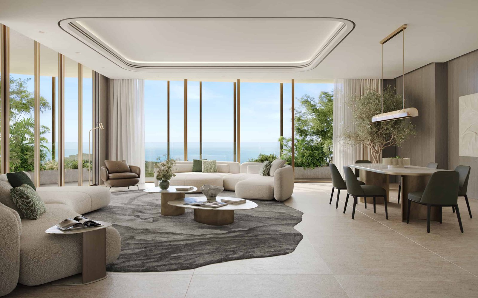 Modern waterfront residence with spacious living room and panoramic ocean views.