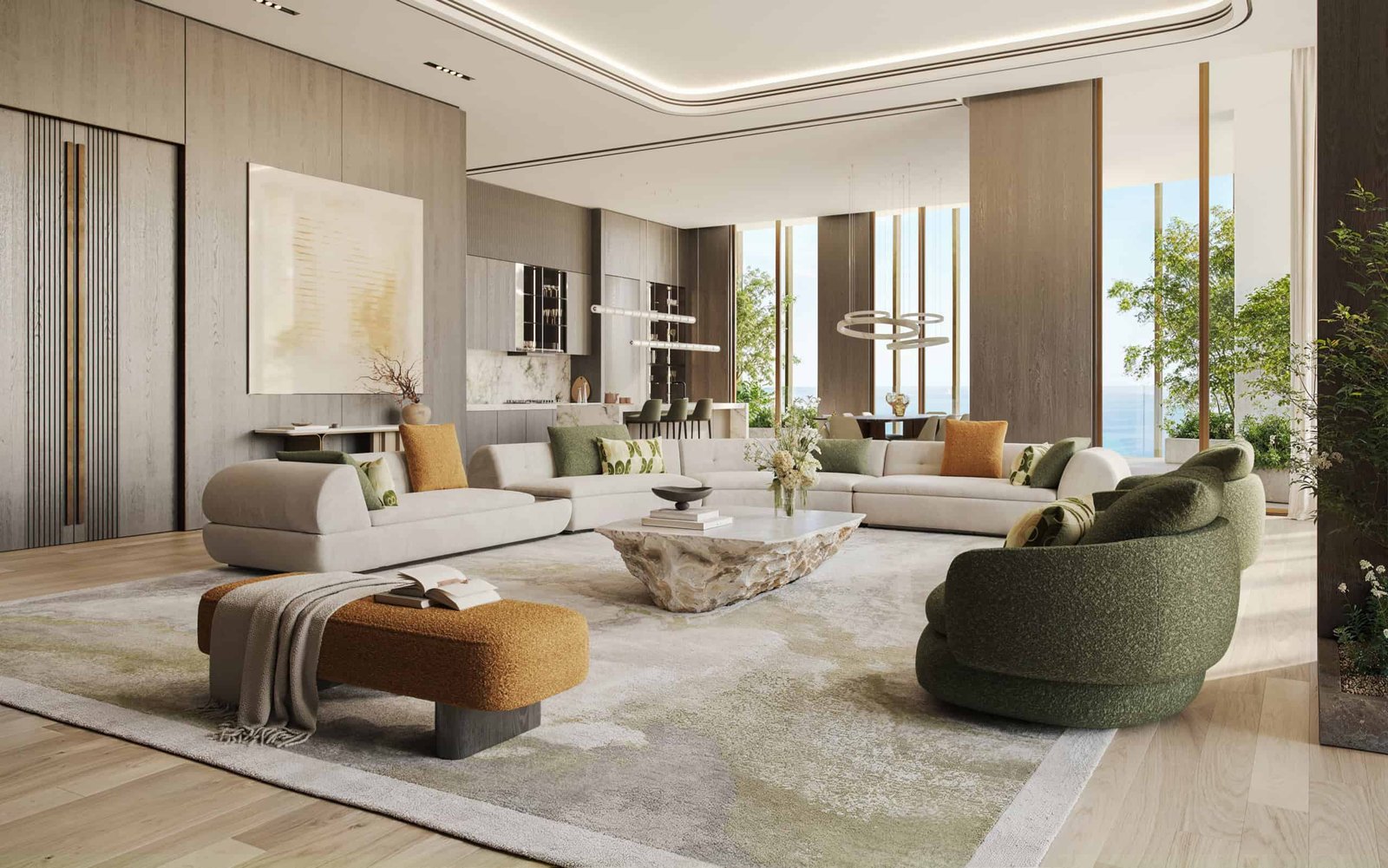 Modern luxury living room with waterfront views and elegant decor.