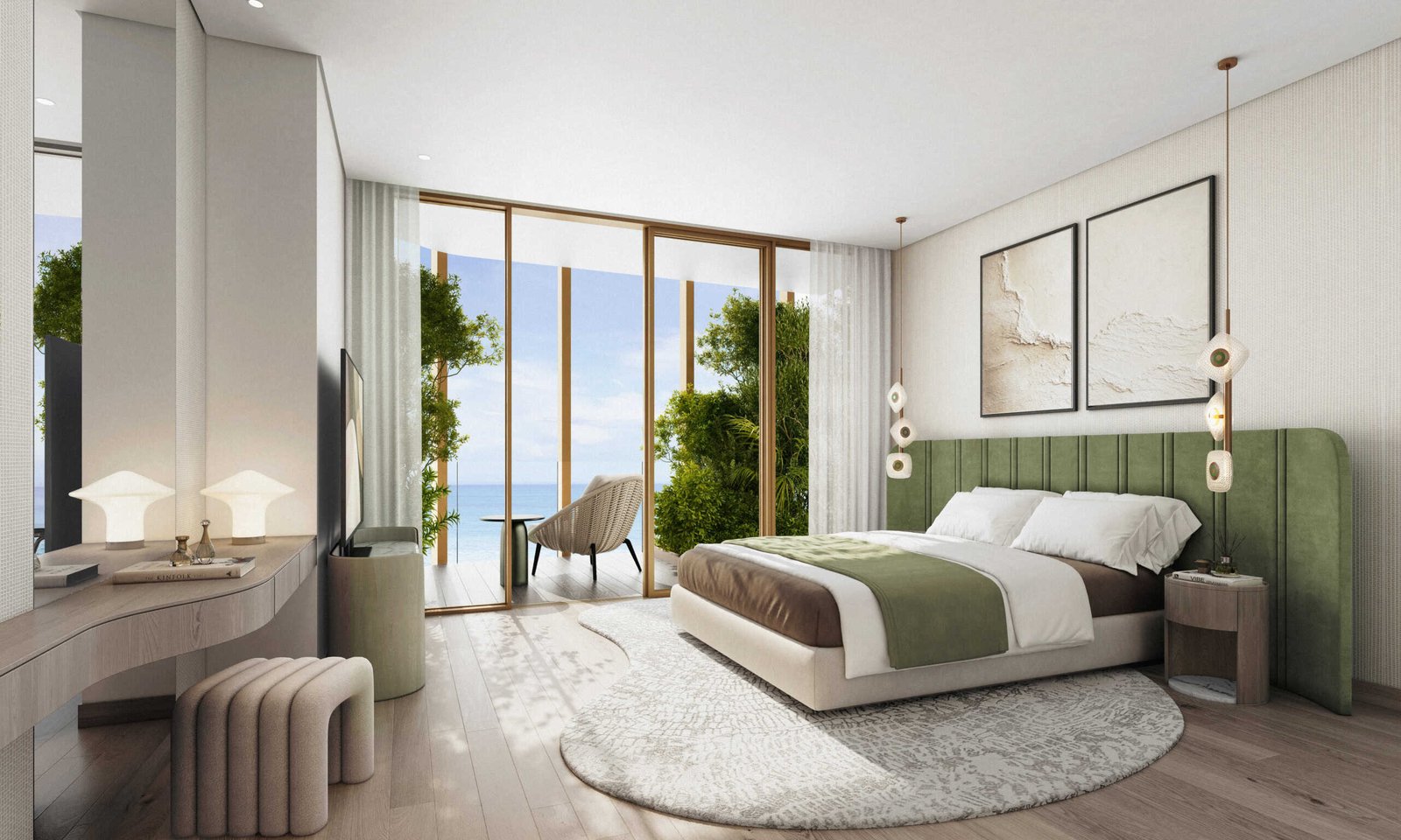 Elegant bedroom with sea view and modern decor in waterfront residences.