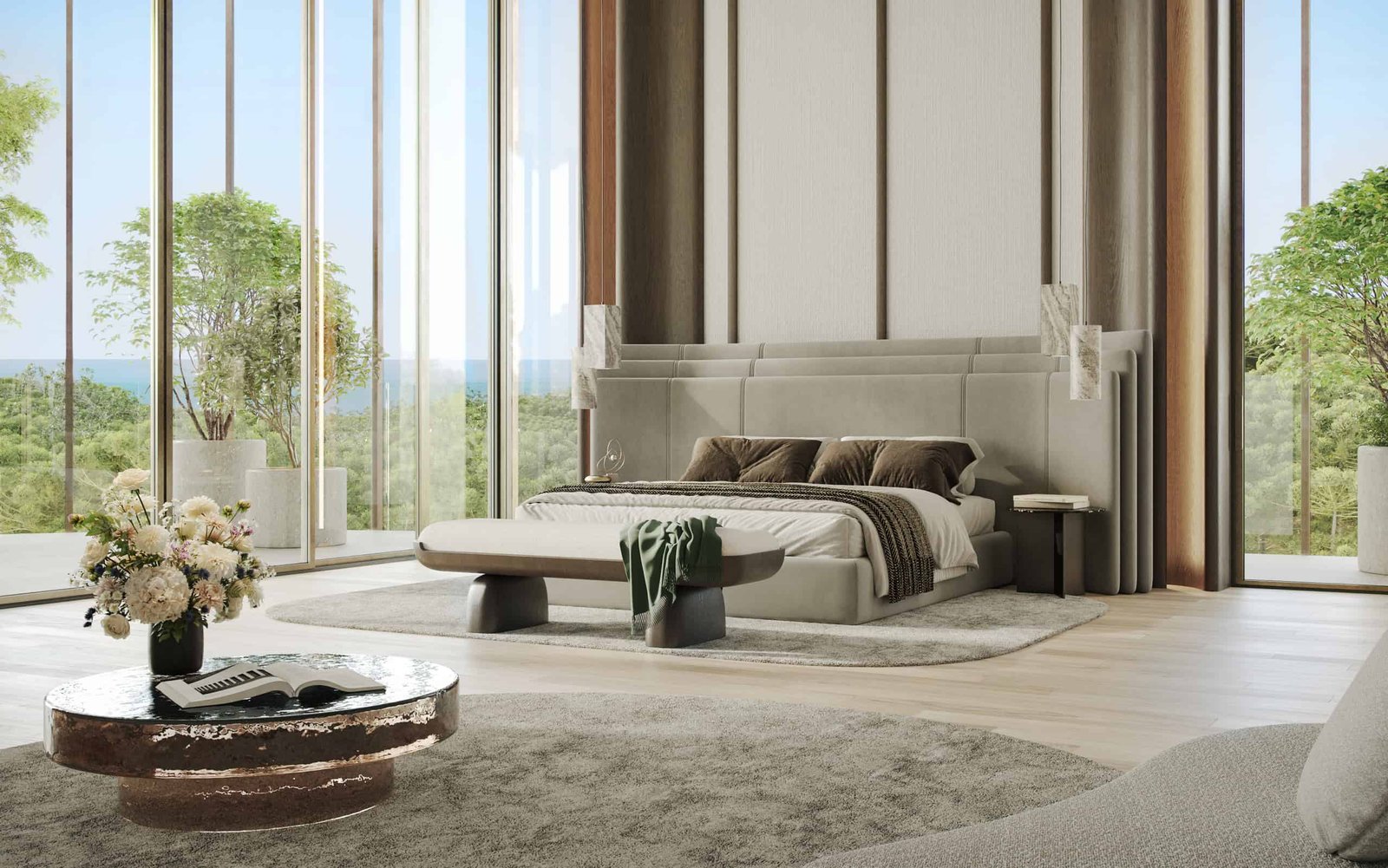 Elegant bedroom with floor-to-ceiling windows overlooking water and greenery.