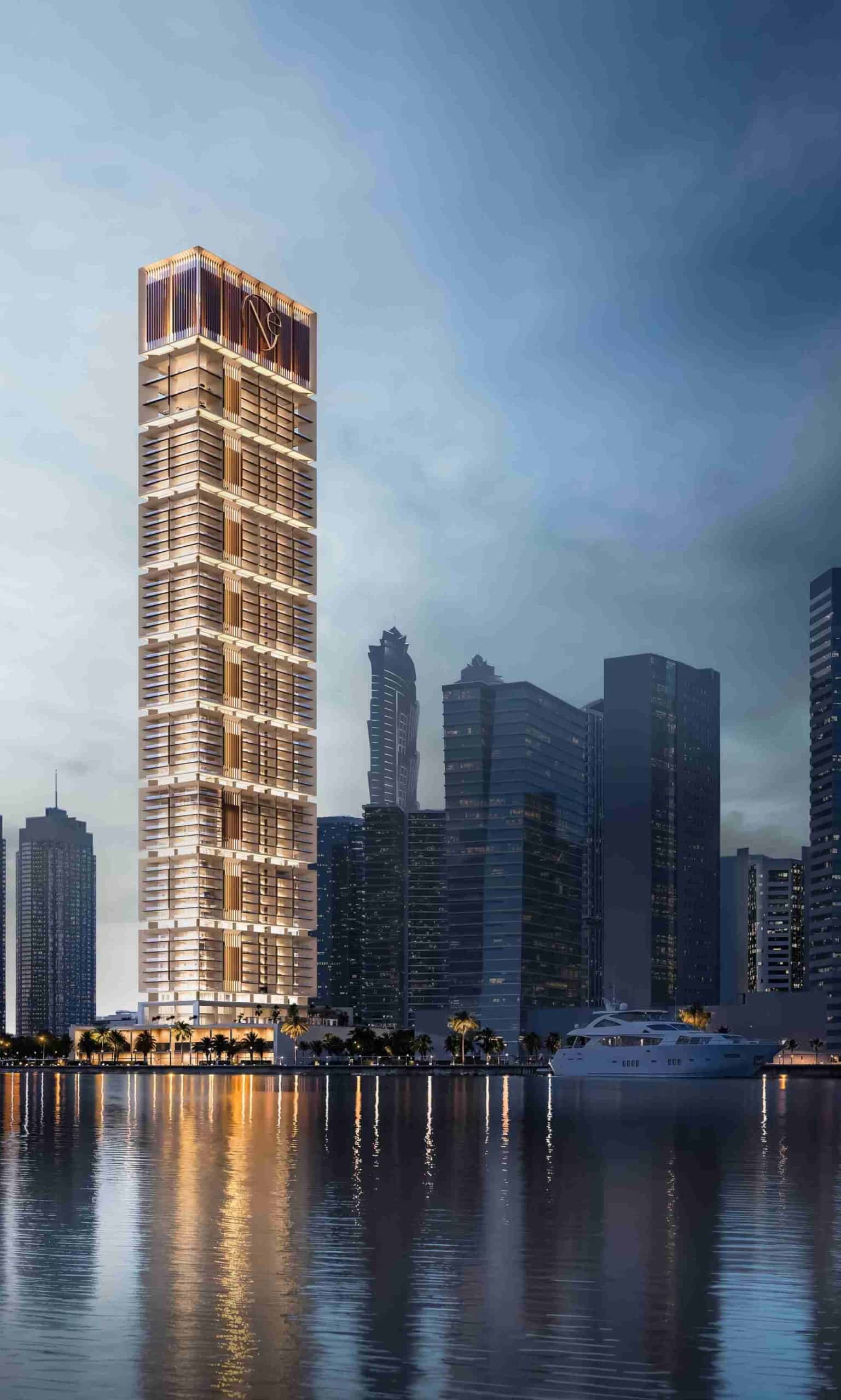 Modern high-rise waterfront apartments in Dubai Business Bay skyline.