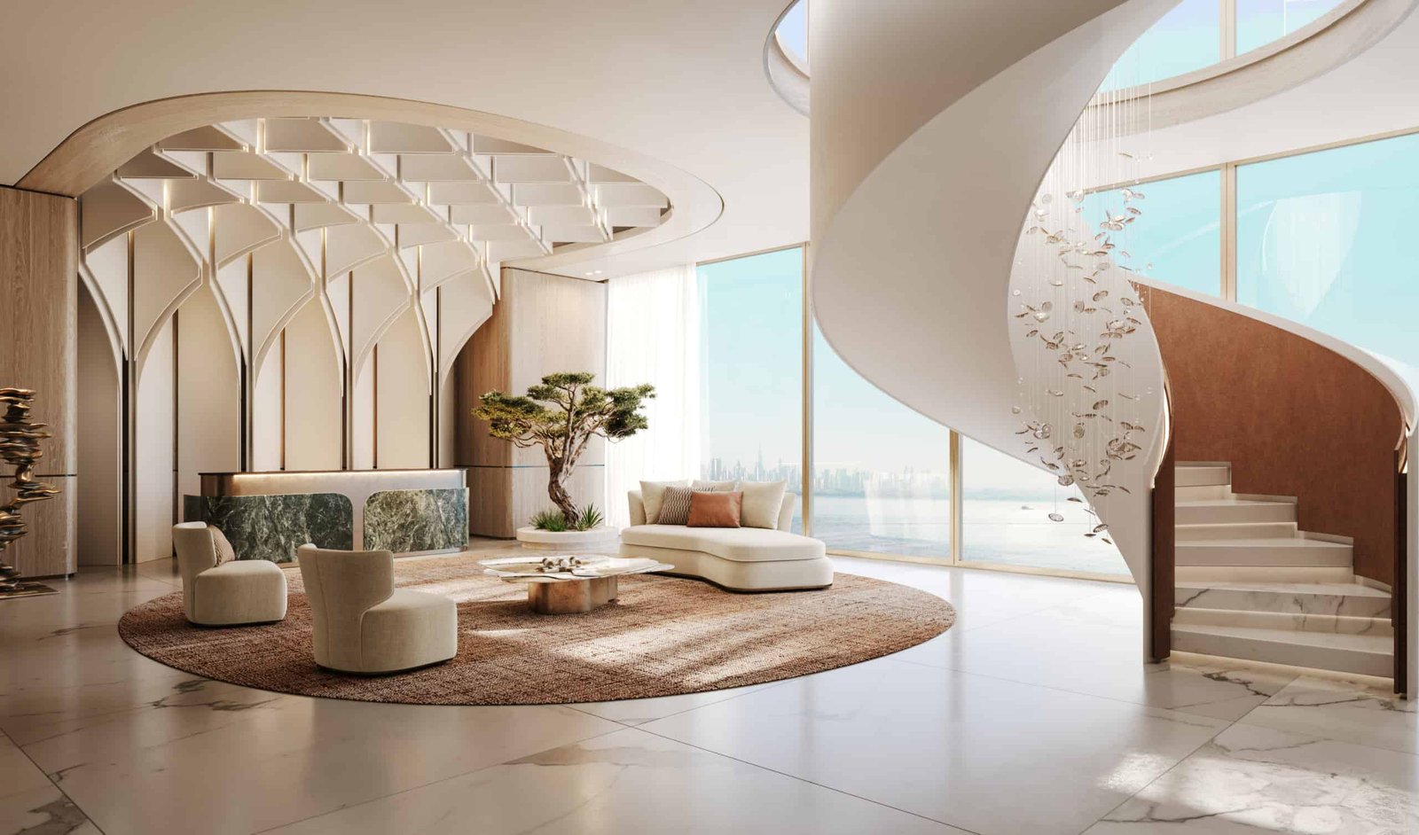 Elegant modern interior featuring a spiral staircase and spacious lounge area.