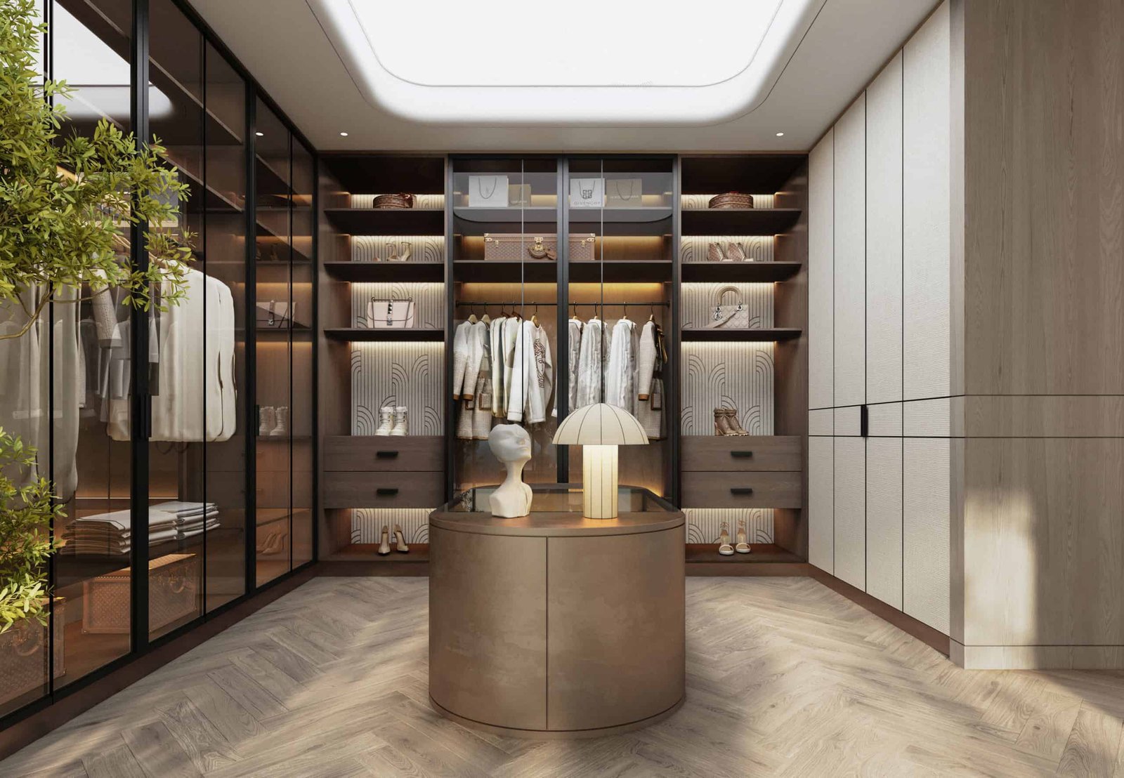 In closet featuring contemporary design, ample storage, and stylish organization for upscale residen.