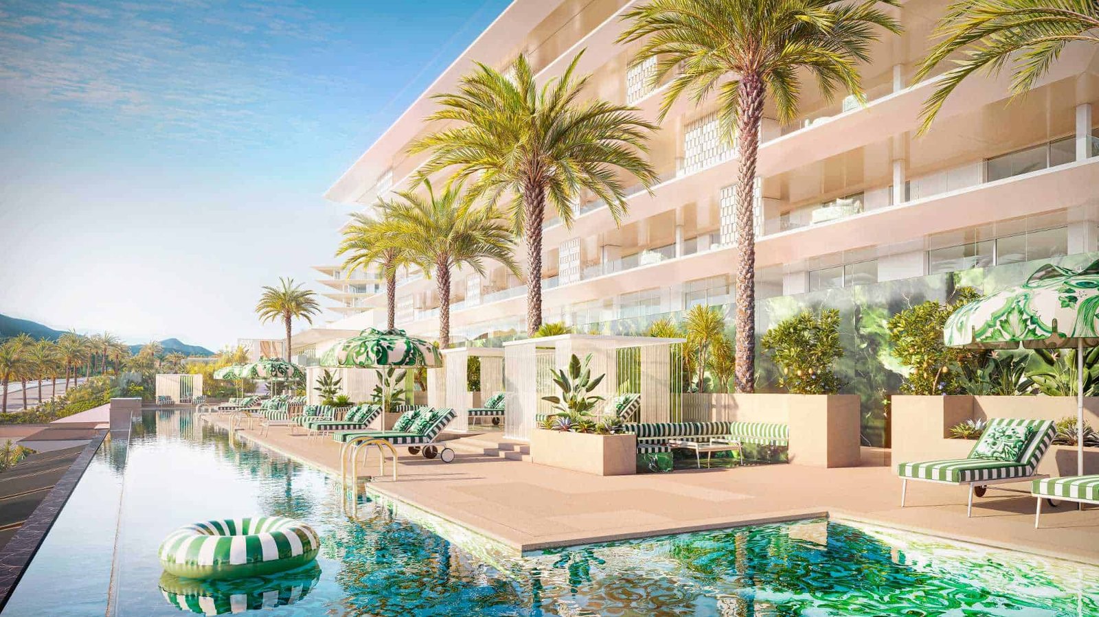 Modern Marbella residences with pool, palm trees, and outdoor lounging areas.