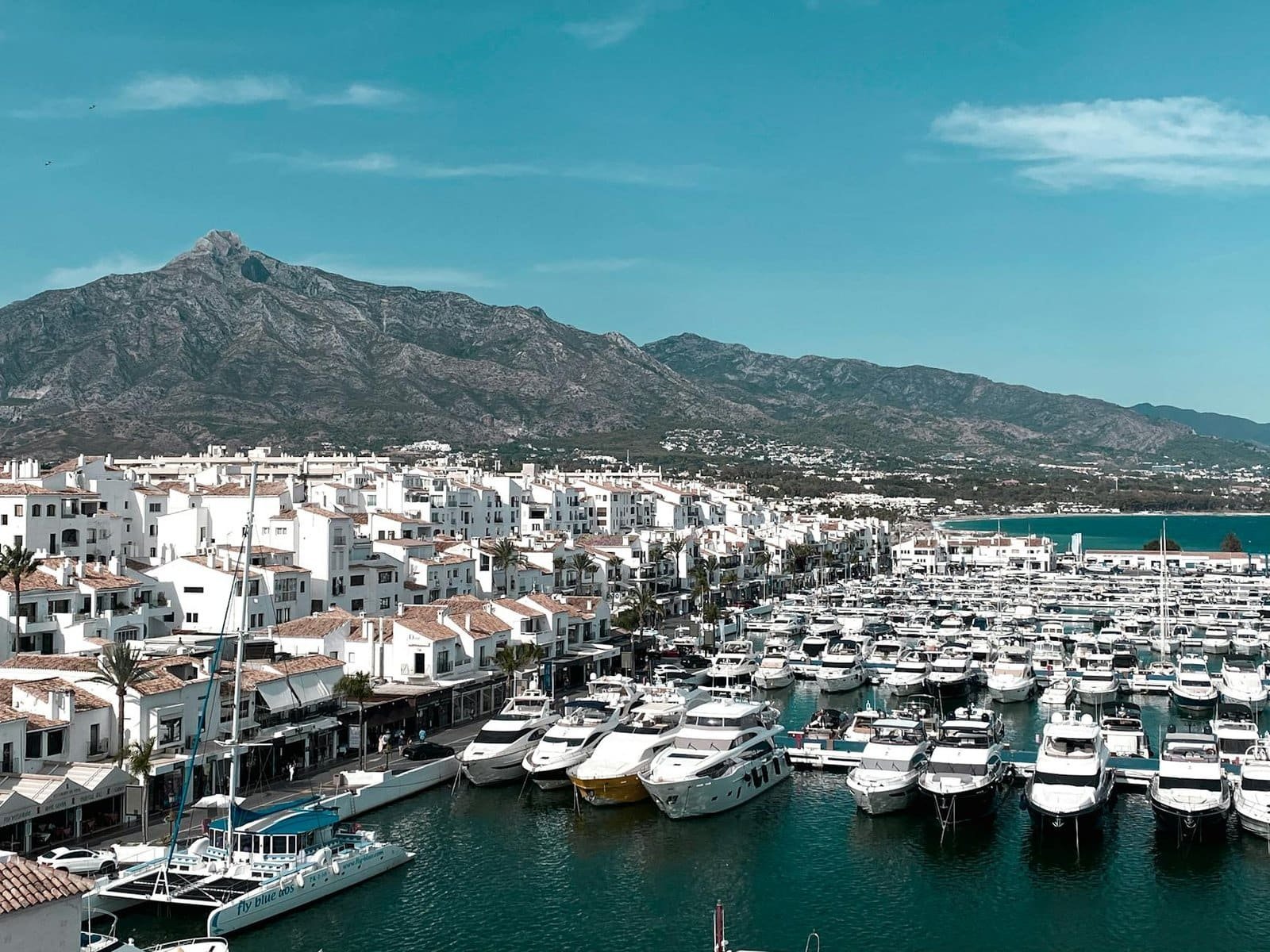 Marina with yachts and boats against scenic mountain backdrop in Cabo San Lucas, Mexico.
